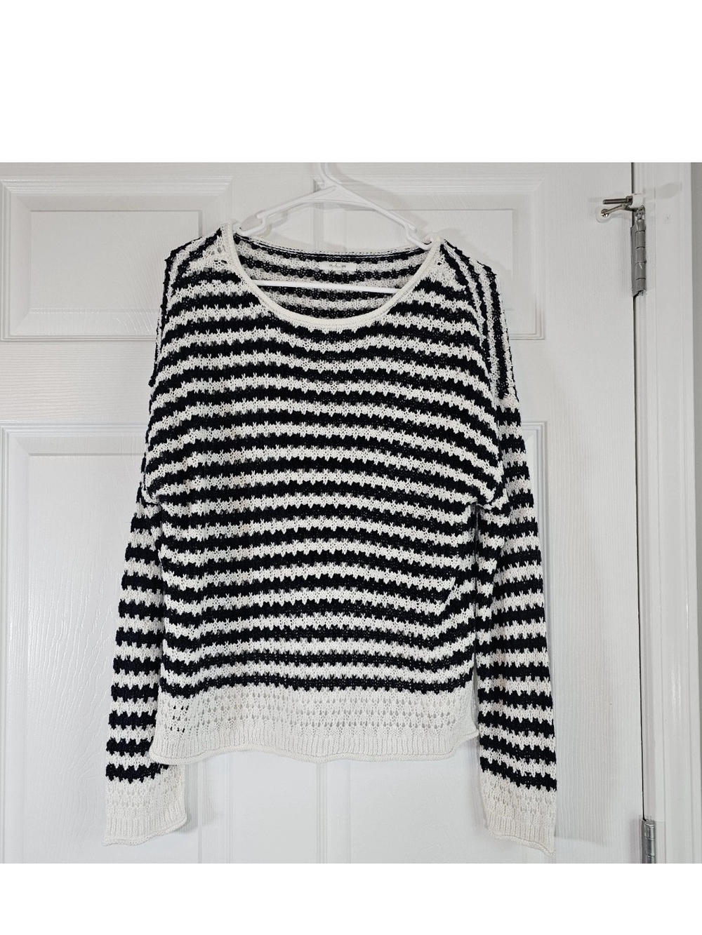Open Crochet Black White Striped Sweater Womens L Boho Chic Whimsigoth French